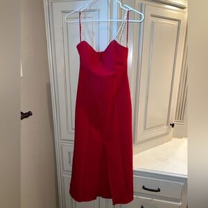 Zara Vibrant Red Dress with Pearl Accents